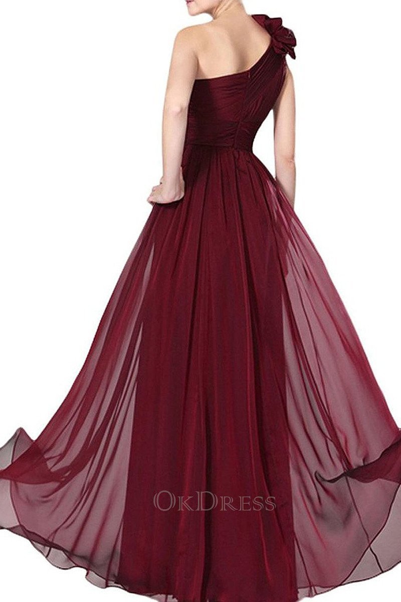 A-Line Sleeveless One-shoulder Burgundy Maxi Formal Dresses  Okeydress
