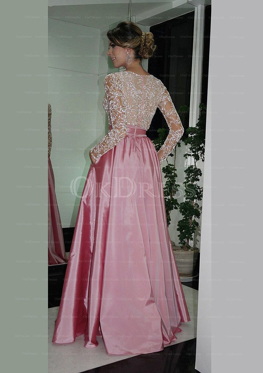 Pink Glamorous Taffeta Full/Long Sleeve Long/Floor-length Beaded Prom Okeydress Pink Glamorous Taffeta Full/Long Sleeve Long/Floor-length Beaded Prom Okeydress