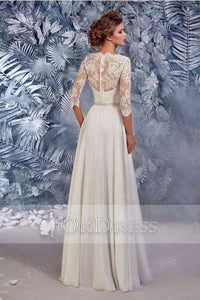 White Junoesque A-line 3/4 Sleeves Lace& Chiffon Wedding Dresses