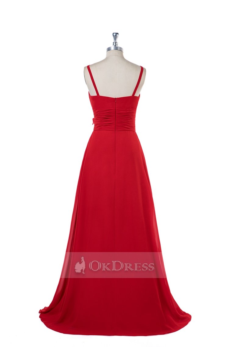 Red A-Line Long Bridesmaid Dresses with Flowers  Okeydress