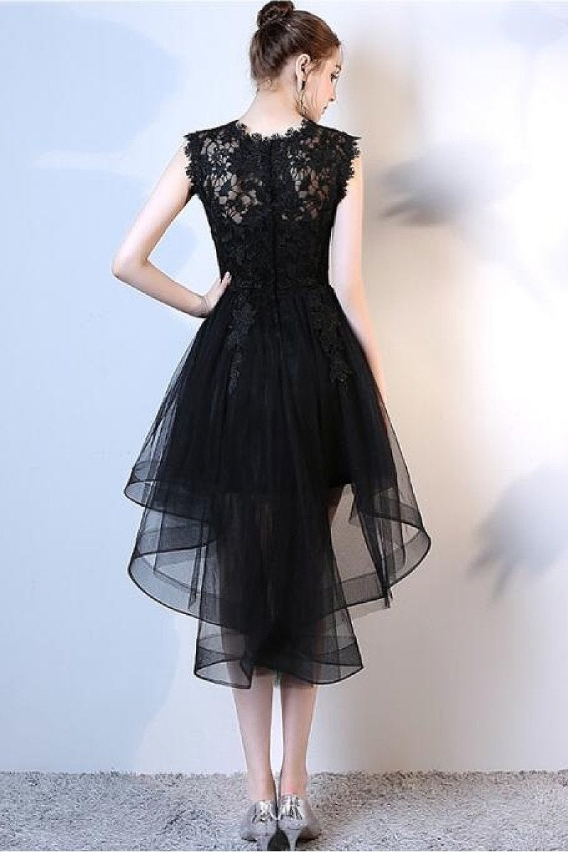 Black High Low Hi-lo A-line Lace Applique Tulle Formal Prom Cocktail D Okeydress Black High Low Hi-lo A-line Lace Applique Tulle Formal Prom Cocktail D Okeydress