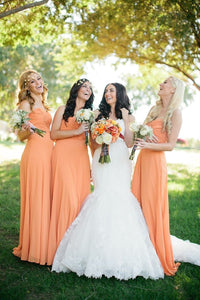 Orange Strapless Sweetheart A-line Long Chiffon Bridesmaid Dresses