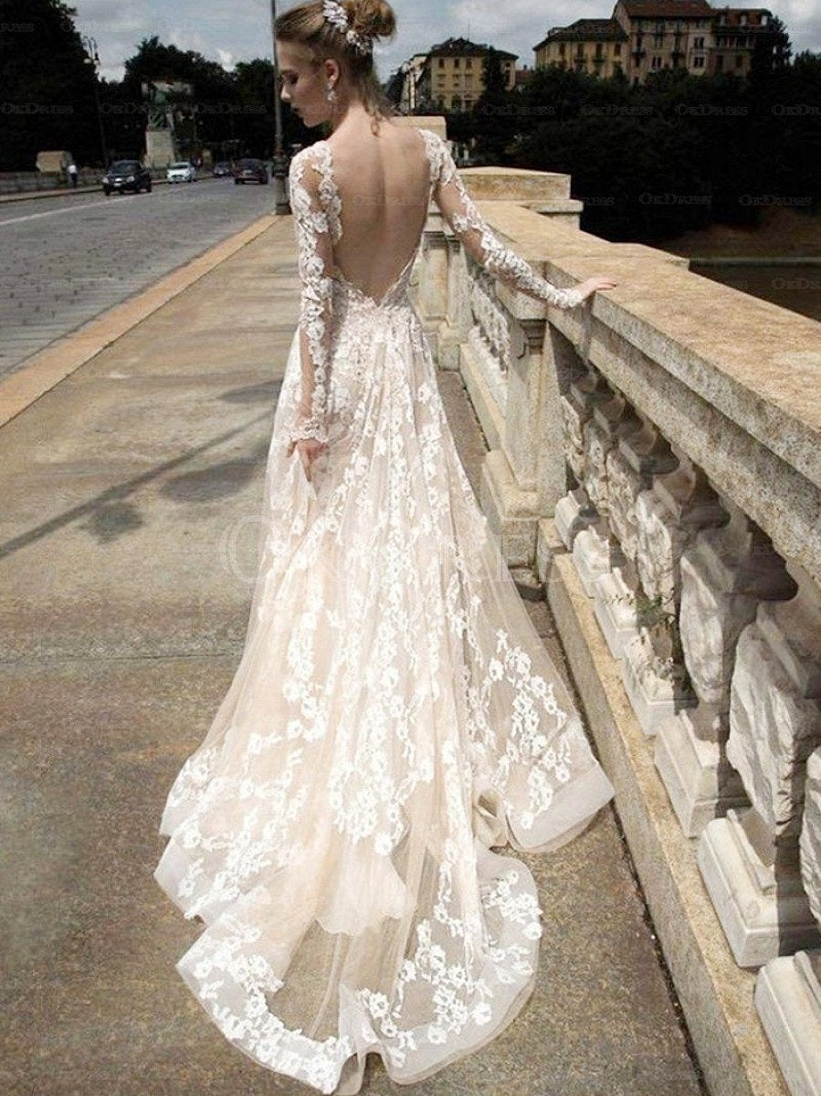 Champagne Decent Chapel Train Full/Long Sleeve Empire Wedding Dresses Okeydress Champagne Decent Chapel Train Full/Long Sleeve Empire Wedding Dresses Okeydress
