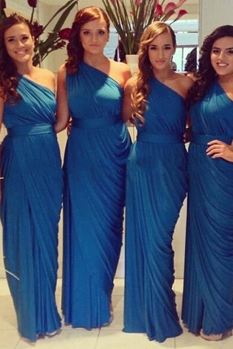 Blue Cheap Sheath/Column One-shoulder Sash Long Bridesmaid Dresses