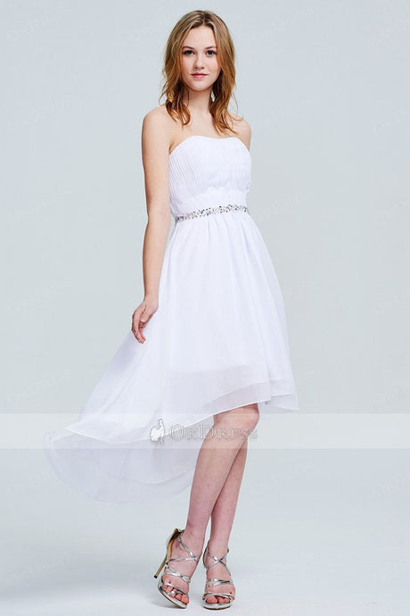 Simple White Strapless Hi-Lo Chiffon Prom Dresses 2019
