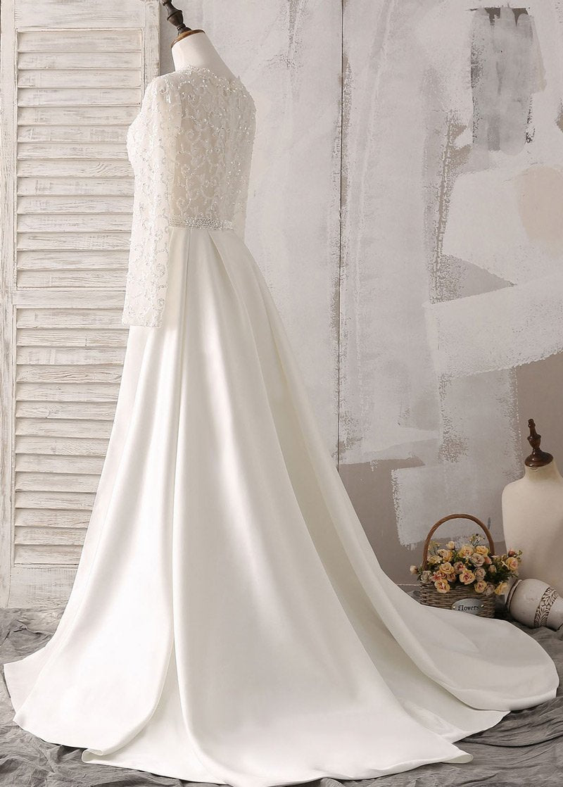 Trumpet Mermaid Sweep Train Satin Long Sleeves V neck Wedding