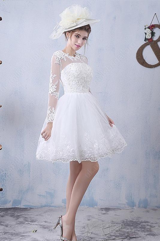A-Line/Princess Short Lace Long Sleeves Wedding Dresses Okeydress A-Line/Princess Short Lace Long Sleeves Wedding Dresses Okeydress