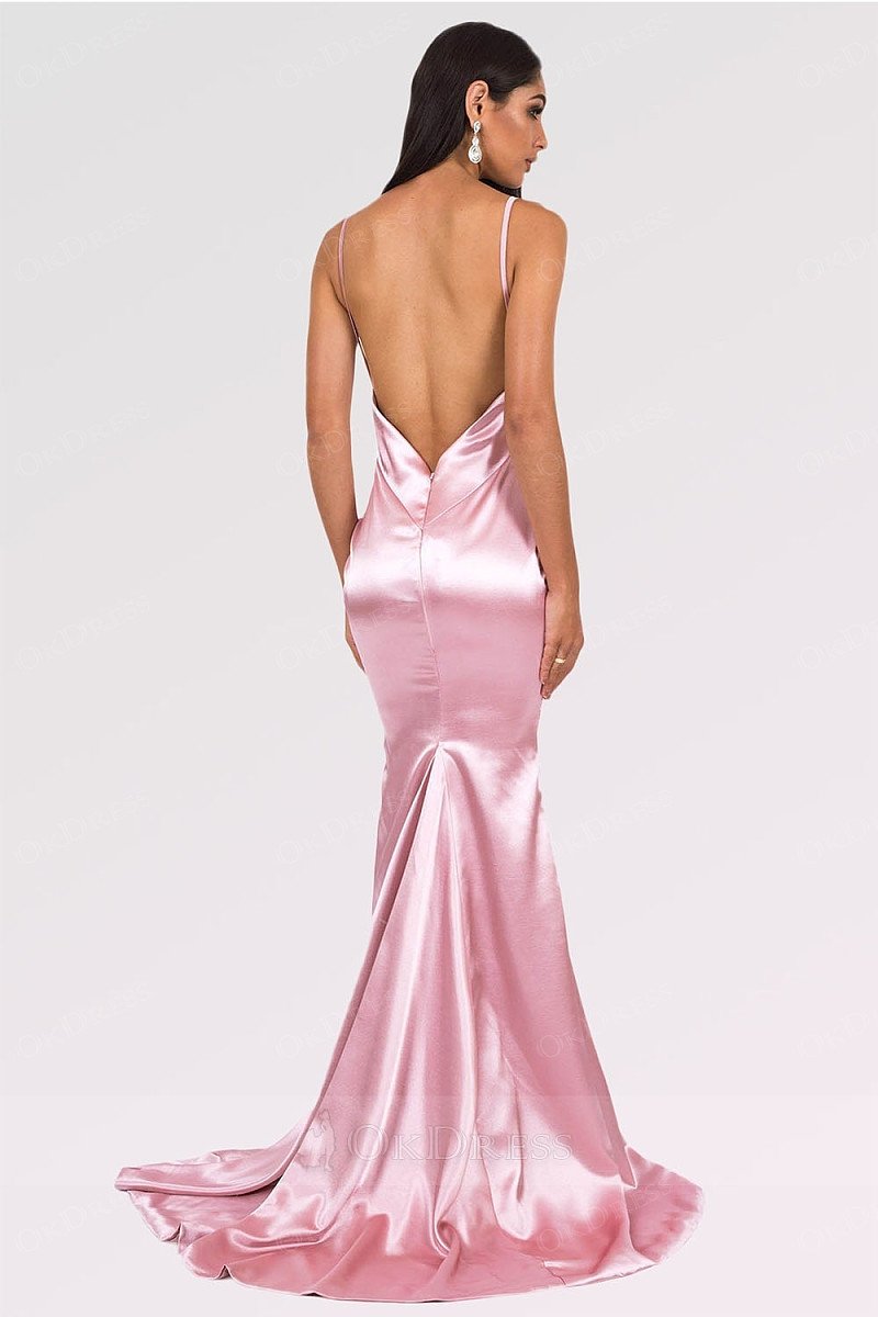 Pink Long Mermaid V-neck Satin Backless Prom Dresses Okeydress Pink Long Mermaid V-neck Satin Backless Prom Dresses Okeydress