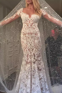 Mermaid Lace Sheer V-Neck Bridal Dresses with Long Sleeves