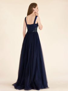 Elegant A-Line Beaded Long Navy Tulle Mother of The Bride Dresses