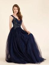 Elegant A-Line Beaded Long Navy Tulle Mother of The Bride Dresses