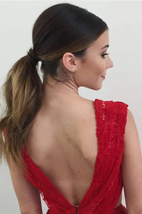 Sexy A-Line V-Neck Backless Red Lace Prom Dresses