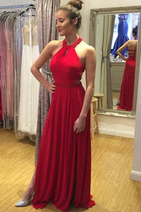 Sexy A-Line Halter Red Long Chiffon Prom Dresses with Beading Keyhole