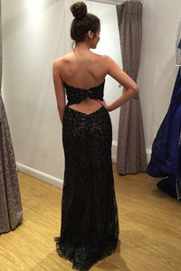Sweetheart Open Back Black Long Lace Prom Dresses with Sequins