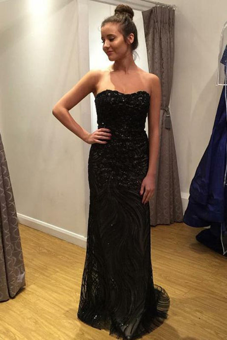 Sweetheart Open Back Black Long Lace Prom Dresses with Sequins