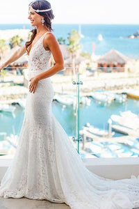 Mermaid Deep V-Neck Appliques Backless Beach Lace Bohemian Wedding Dresses