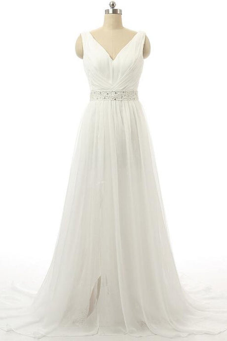 Sleeveless A-line V-neck Beading Wedding Dress