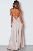 V-neck back strap design floor length high slit evening dress