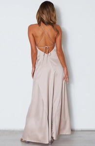V-neck back strap design floor length high slit evening dress