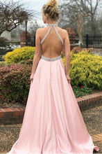 Elegant Halter Beading Satin Prom Dresses