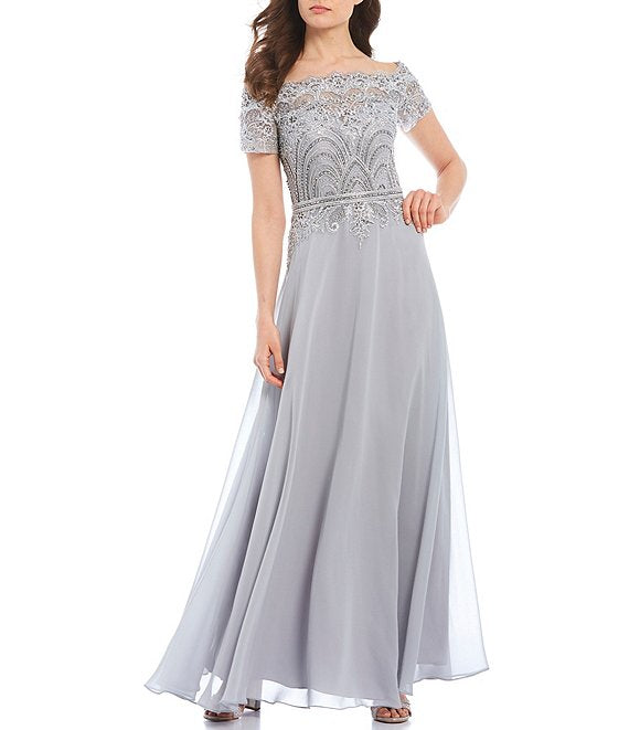 A-Line Off-the-Shoulder Floor Length Chiffon Prom Dresses With Lace Sequins