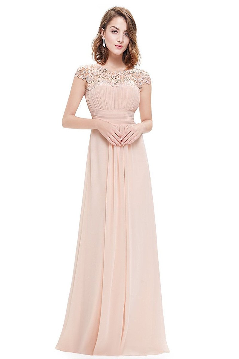 Pearl Pink Elegant Cap Sleeves Long Chiffon Formal Dress