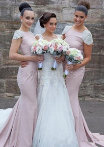 Awesome Appliqued Short Sleeve Court Train Natural Bridesmaid Dresses