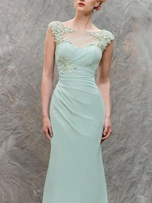 Festival Covered Button Sheath/Column Bateau Long/Floor-length Chiffon Bridesmaid Dresses