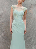 Festival Covered Button Sheath/Column Bateau Long/Floor-length Chiffon Bridesmaid Dresses