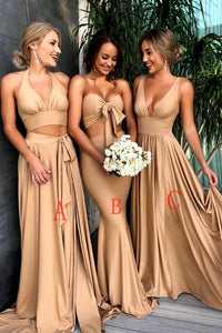 Stunning A-Line V-Neck Elastic Satin Bridesmaid Dresses with Split