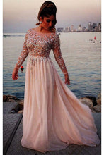 A-line Chiffon Bateau Long Sleeves Beading Floor-length Prom Dresses