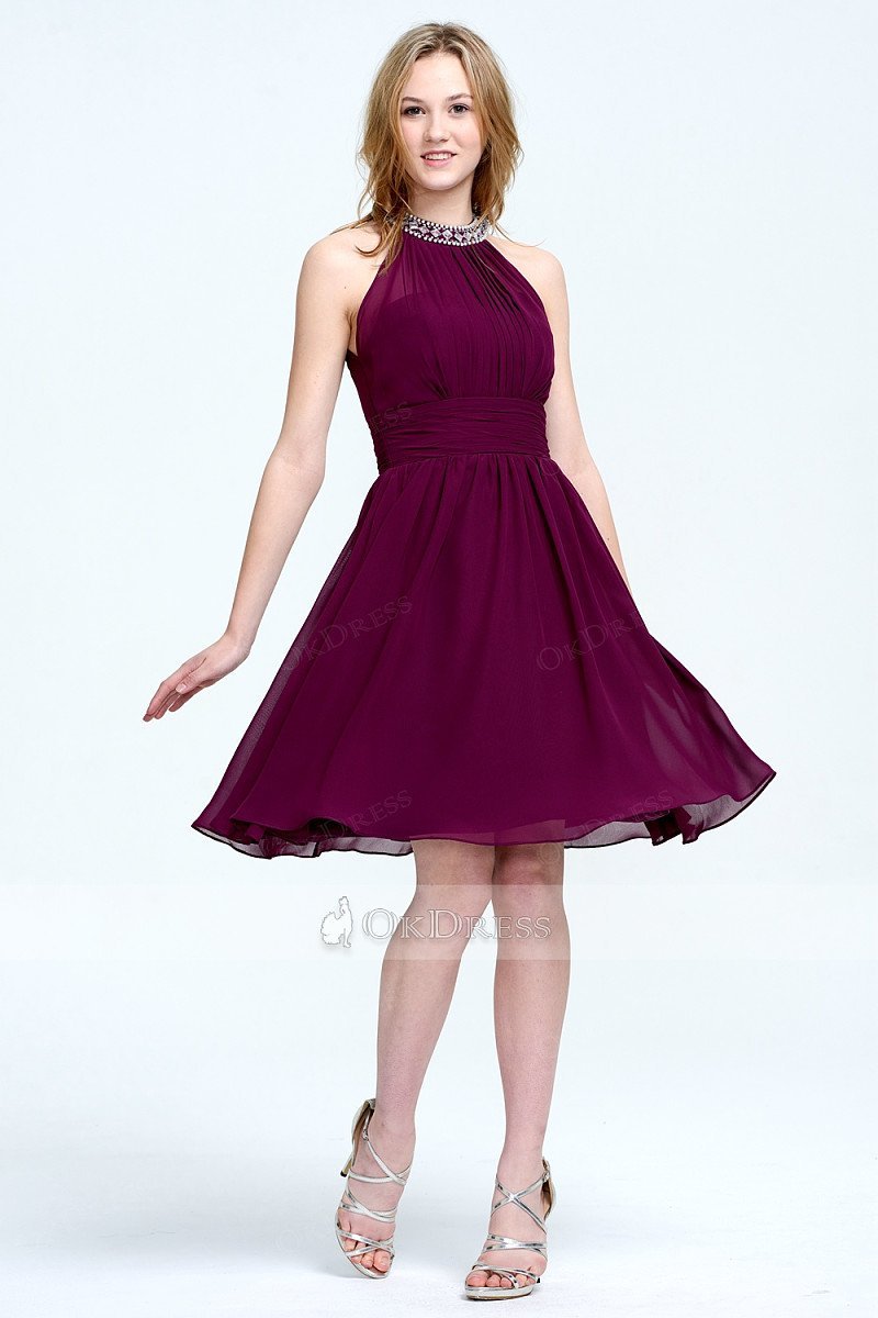 A-line/Princess Beading Halte Knee-length Chiffon Prom Dresses UK