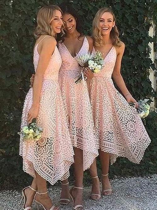 Spaghetti Straps Asymmetrical Deep V-Neck Lace Bridesmaid Dresses