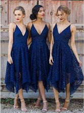 Spaghetti Straps Asymmetrical Deep V-Neck Dark Navy Lace Bridesmaid Dresses