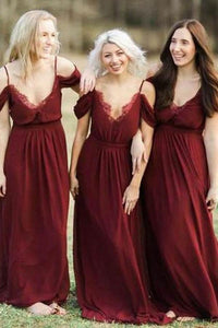 A-Line Cold Shoulder Burgundy Chiffon Bridesmaid Dresses with Ruffles