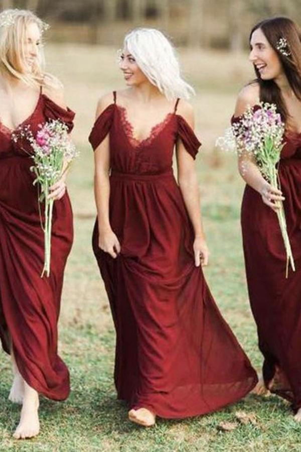 A-Line Cold Shoulder Burgundy Chiffon Bridesmaid Dresses with Ruffles