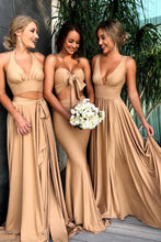 Stunning A-Line V-Neck Elastic Satin Bridesmaid Dresses with Split