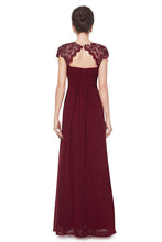 Burgundy Elegant Cap Sleeves Long Chiffon Formal Dress