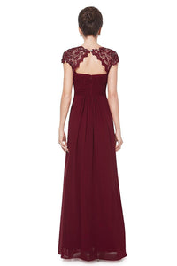 Burgundy Elegant Cap Sleeves Long Chiffon Formal Dress