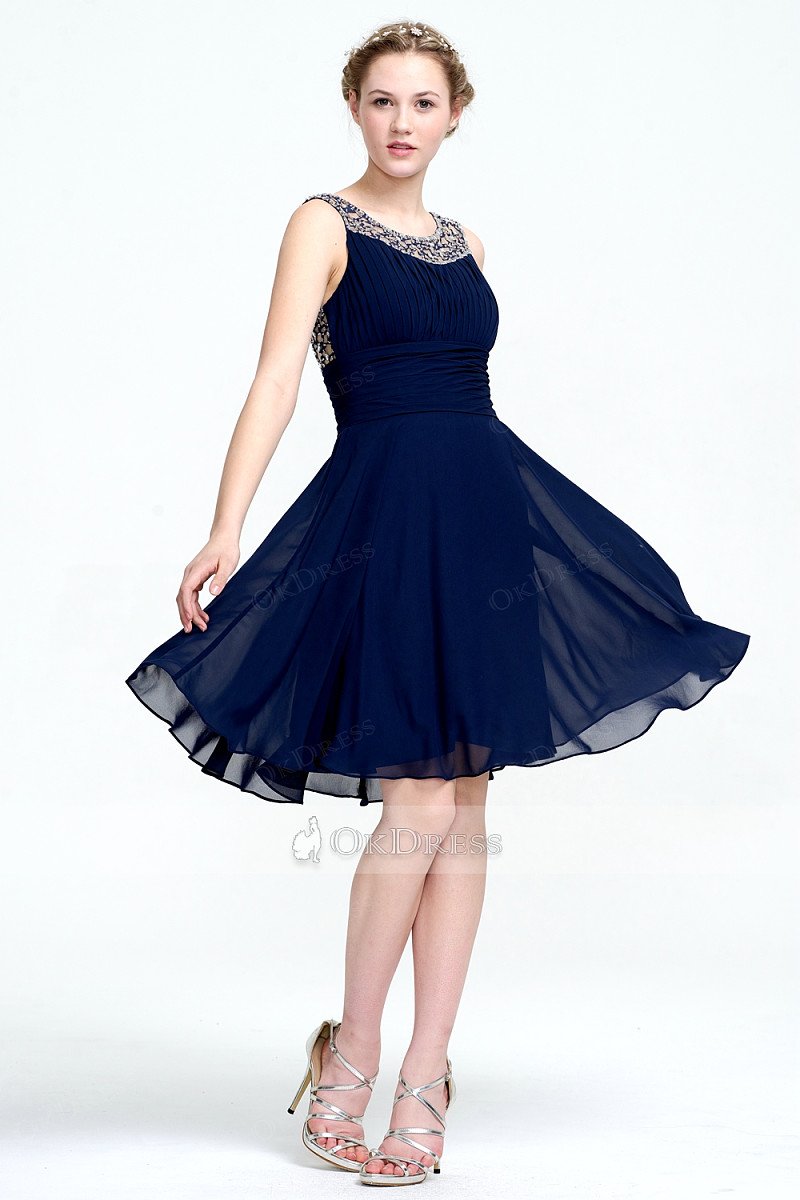 A-line Jewel Beaded Navy Blue Short Prom Dress