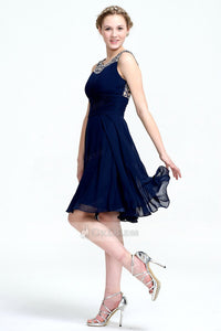 A-line Jewel Beaded Navy Blue Short Prom Dress