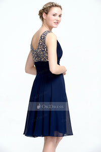 A-line Jewel Beaded Navy Blue Short Prom Dress