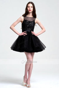 Illusion with Lace Embroidered Top Tulle Short Prom Dress