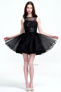 Illusion with Lace Embroidered Top Tulle Short Prom Dress