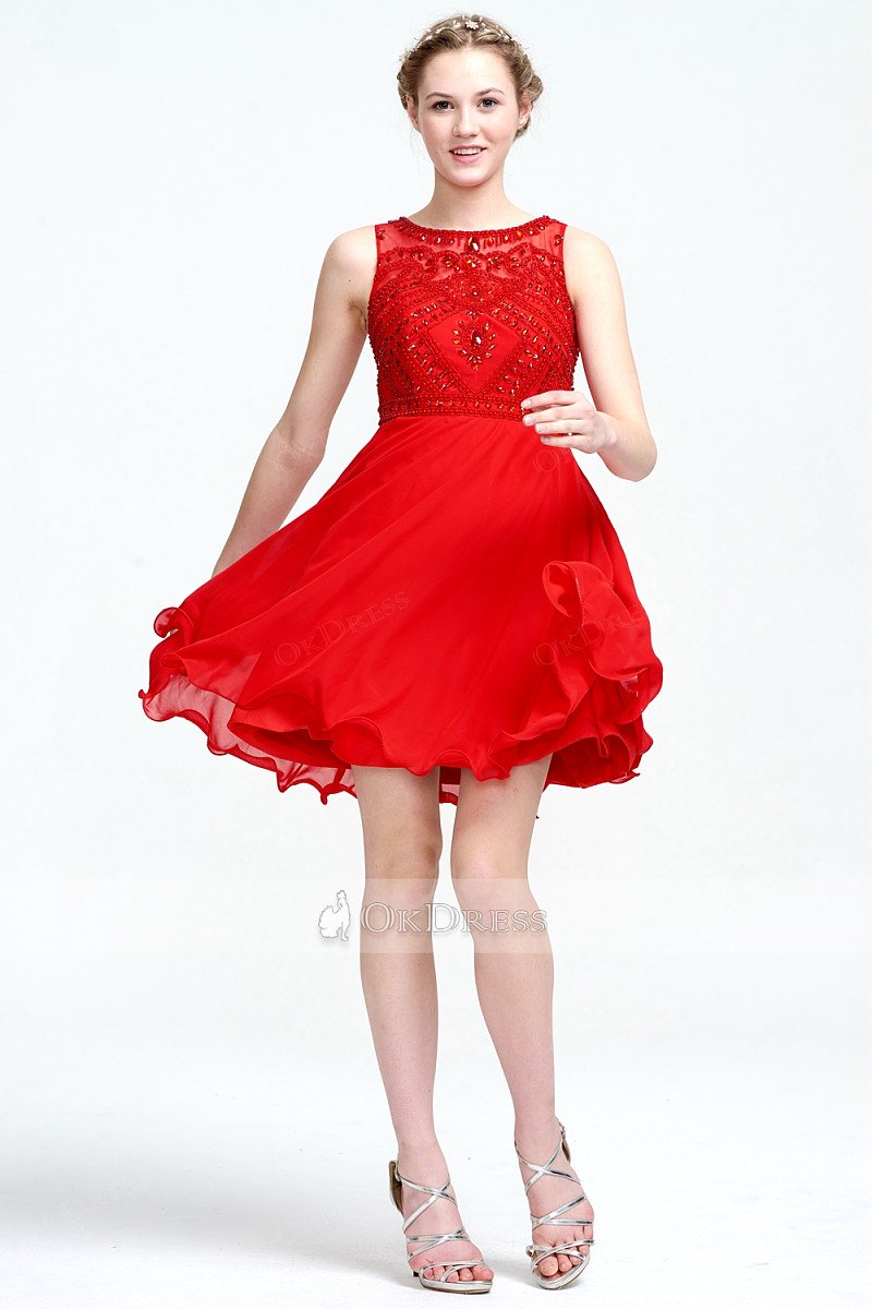 OKdress Knee-length Red Cocktail Dress with Illusion Back