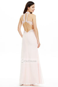 A-line/Princess Long Pink Prom Dress with Lace Beaded Top