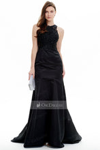 Brilliant Jewel Long Satin Black Mermaid Beading Evening Dresses