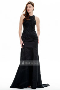 Brilliant Jewel Long Satin Black Mermaid Beading Evening Dresses