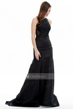 Brilliant Jewel Long Satin Black Mermaid Beading Evening Dresses