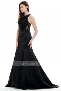 Brilliant Jewel Long Satin Black Mermaid Beading Evening Dresses